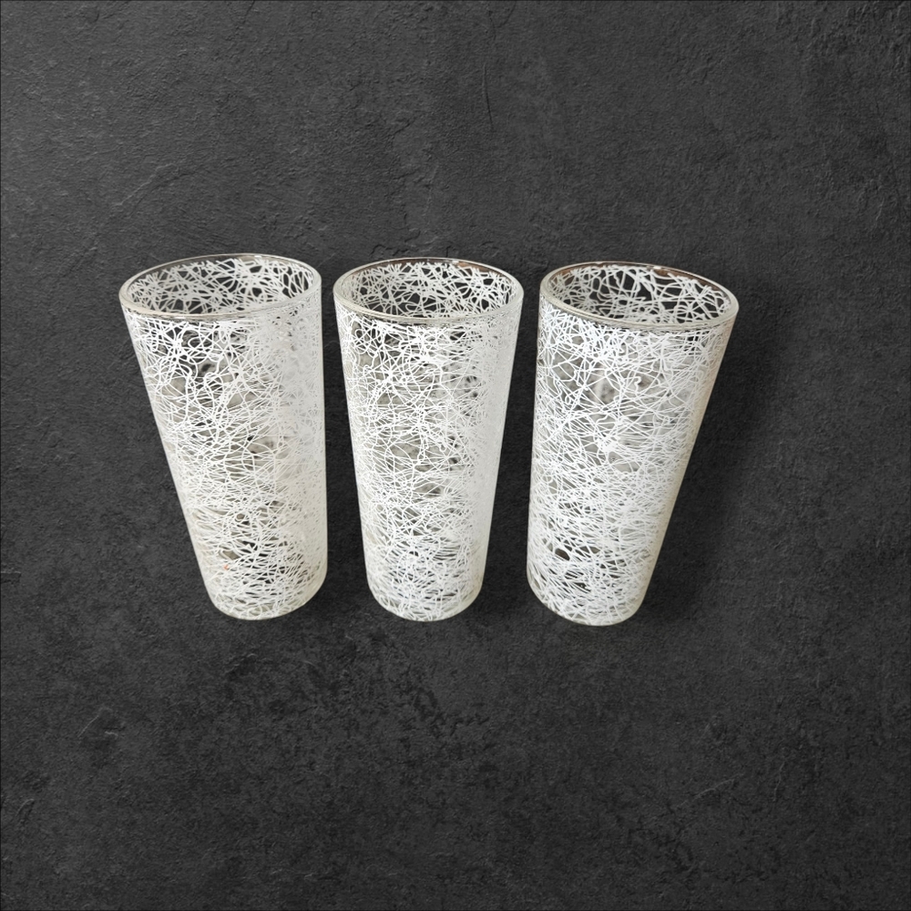 Mid Century White Spaghetti String Glass Tumblers Set Of Three.